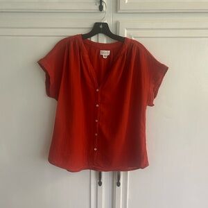 Velvet Red-orange button up , shirt sleeve gauze cotton top